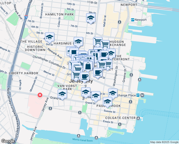 map of restaurants, bars, coffee shops, grocery stores, and more near 343 Marin Boulevard in Jersey City