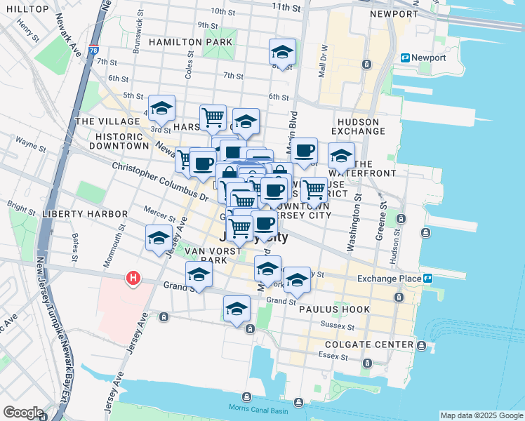 map of restaurants, bars, coffee shops, grocery stores, and more near in Jersey City