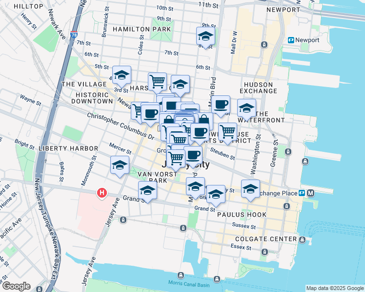 map of restaurants, bars, coffee shops, grocery stores, and more near in Jersey City