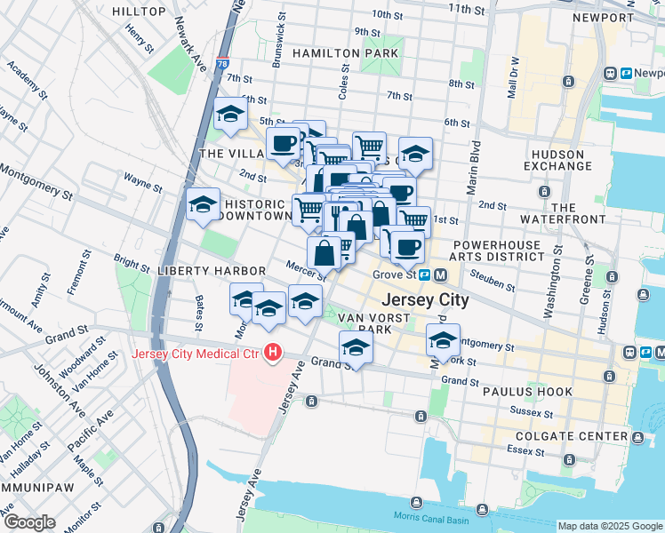 map of restaurants, bars, coffee shops, grocery stores, and more near 116 Wayne Street in Jersey City