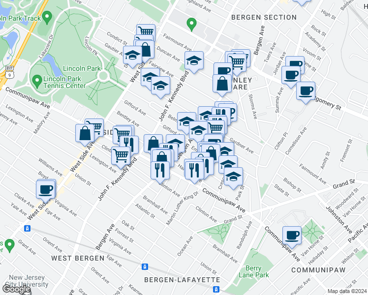 map of restaurants, bars, coffee shops, grocery stores, and more near 15 Gifford Avenue in Jersey City