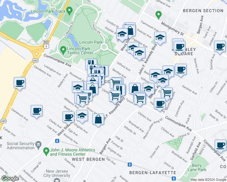 map of restaurants, bars, coffee shops, grocery stores, and more near 245 Harrison Avenue in Jersey City
