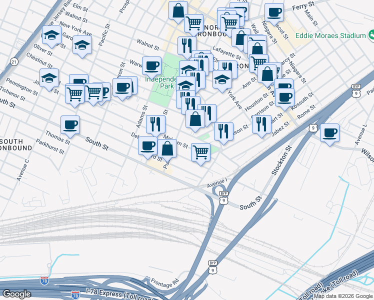 map of restaurants, bars, coffee shops, grocery stores, and more near 407 Chestnut Street in Newark