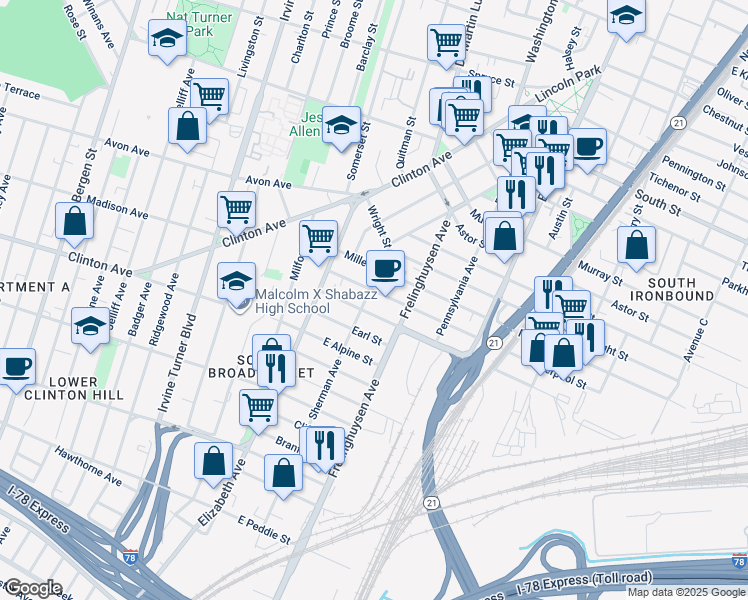 map of restaurants, bars, coffee shops, grocery stores, and more near 137-143 Sherman Avenue in Newark