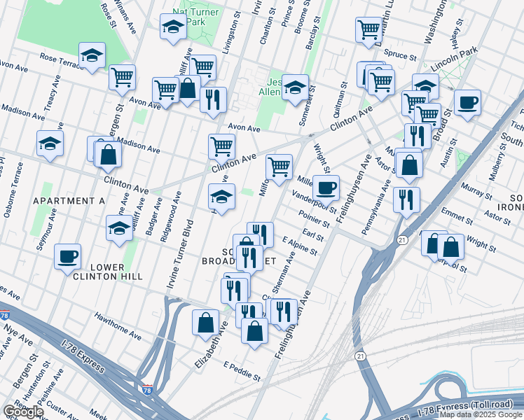 map of restaurants, bars, coffee shops, grocery stores, and more near 60 Milford Avenue in Newark