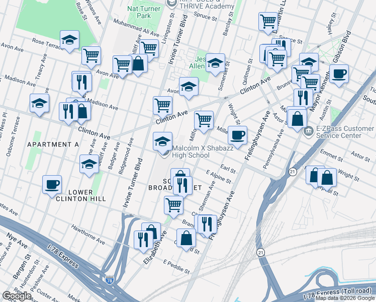 map of restaurants, bars, coffee shops, grocery stores, and more near 60 Milford Avenue in Newark