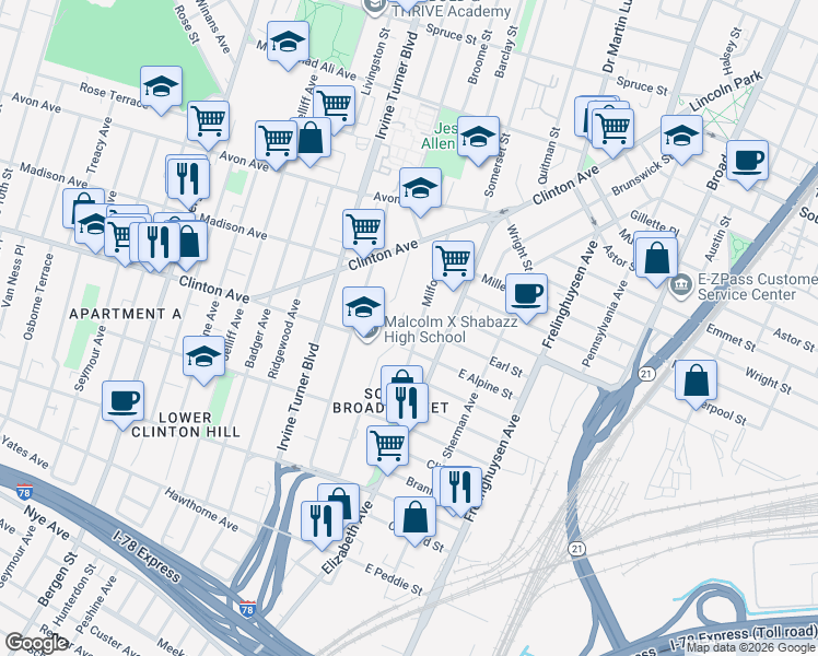 map of restaurants, bars, coffee shops, grocery stores, and more near 33 Johnson Avenue in Newark