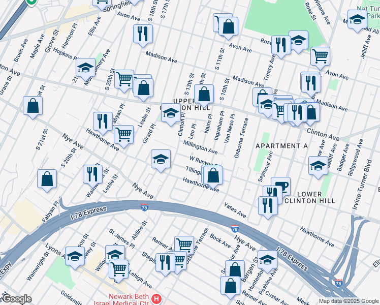 map of restaurants, bars, coffee shops, grocery stores, and more near 59 Millington Avenue in Newark