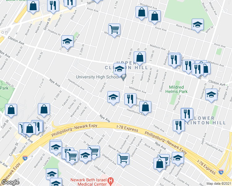 map of restaurants, bars, coffee shops, grocery stores, and more near 24 White Terrace in Newark