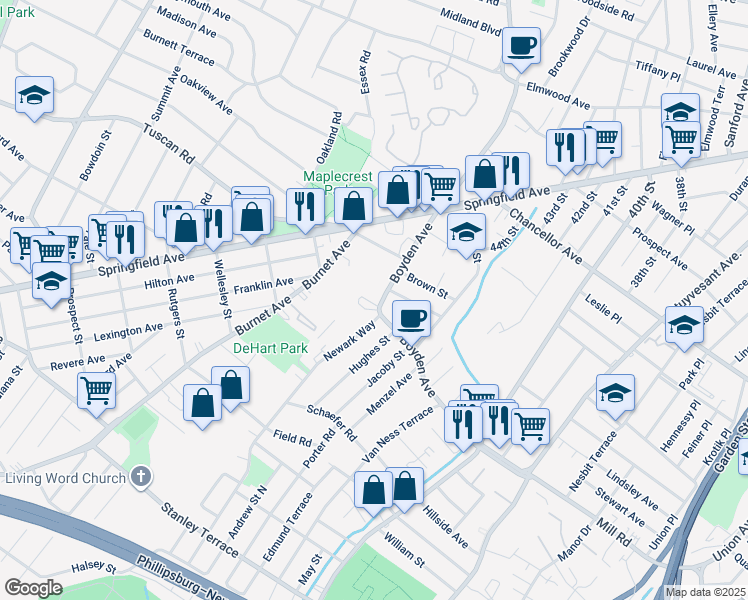 map of restaurants, bars, coffee shops, grocery stores, and more near 333-5 Boyden Avenue in Maplewood