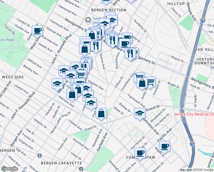 map of restaurants, bars, coffee shops, grocery stores, and more near 158 Fairmount Avenue in Jersey City