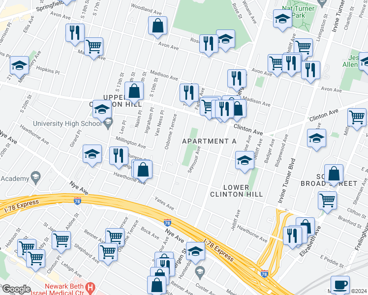 map of restaurants, bars, coffee shops, grocery stores, and more near 66 Hedden Terrace in Newark