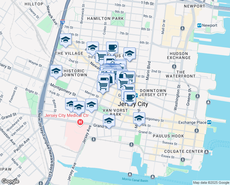 map of restaurants, bars, coffee shops, grocery stores, and more near 524 Jersey Avenue in Jersey City