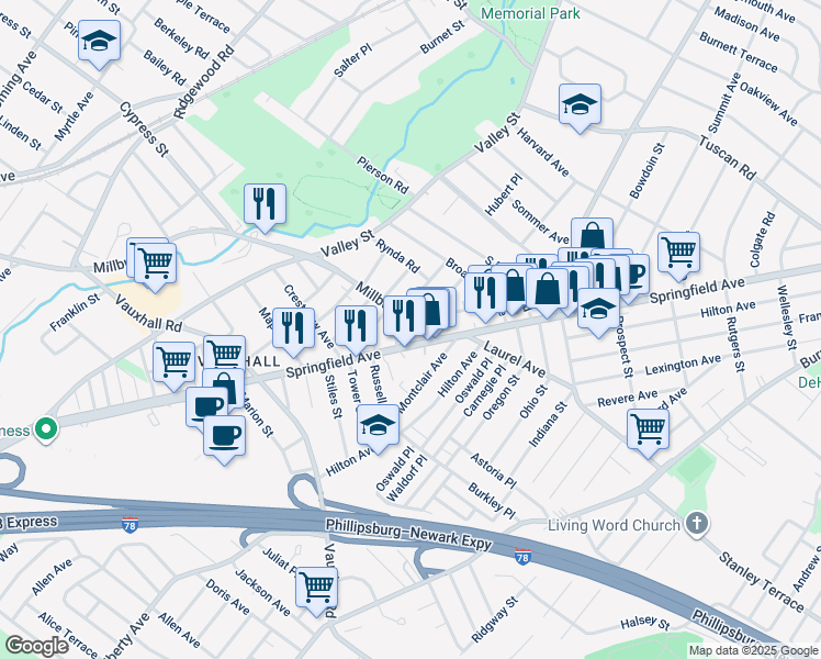 map of restaurants, bars, coffee shops, grocery stores, and more near 5 Manley Terrace in Maplewood