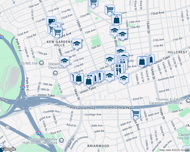 map of restaurants, bars, coffee shops, grocery stores, and more near 150-02 78th Road in Queens