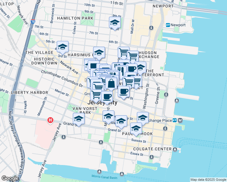 map of restaurants, bars, coffee shops, grocery stores, and more near 343 Marin Boulevard in Jersey City
