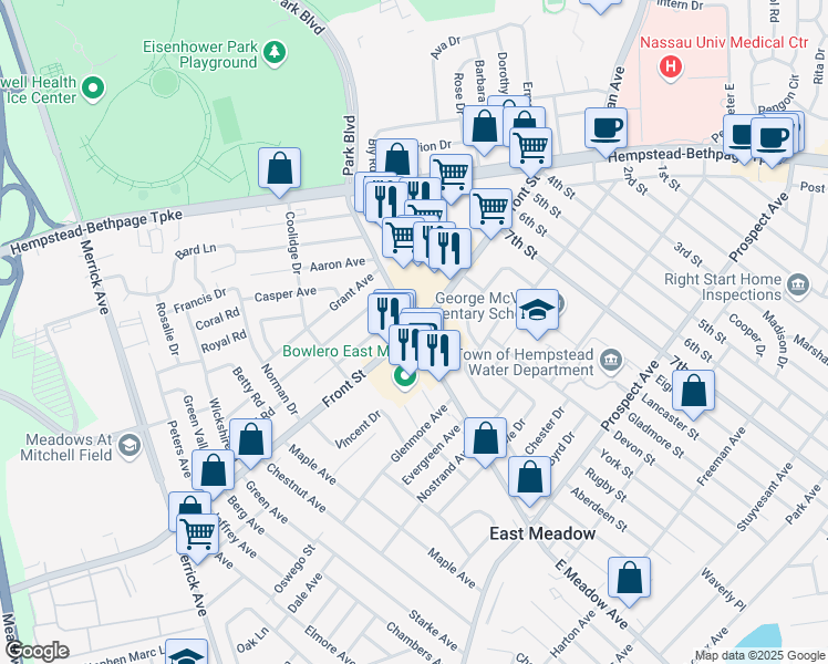 map of restaurants, bars, coffee shops, grocery stores, and more near in East Meadow