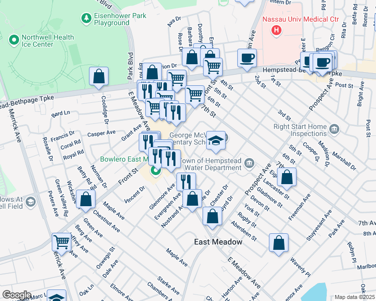 map of restaurants, bars, coffee shops, grocery stores, and more near 1902 School Street in East Meadow