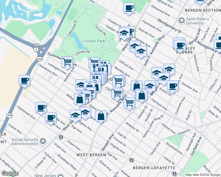 map of restaurants, bars, coffee shops, grocery stores, and more near 785 Communipaw Avenue in Jersey City