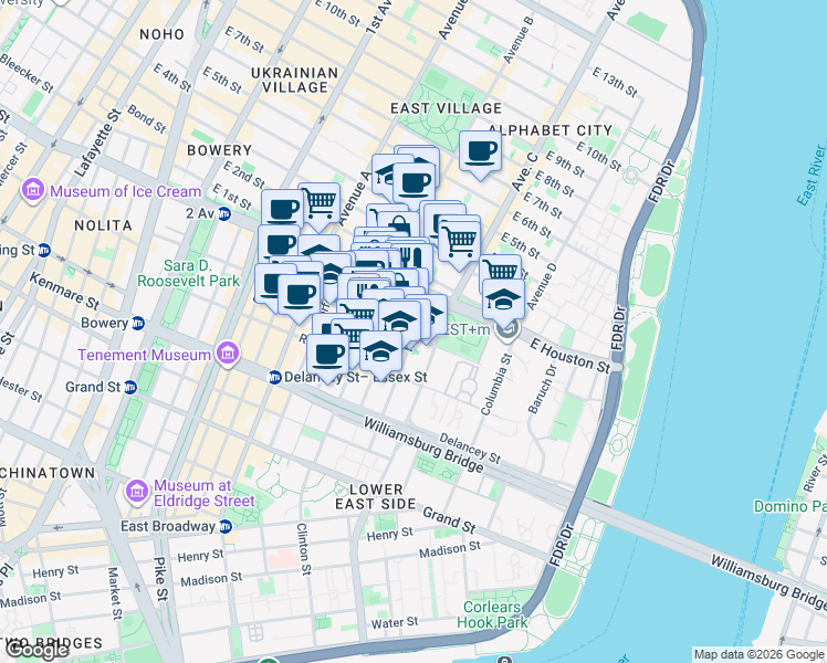 map of restaurants, bars, coffee shops, grocery stores, and more near 162 Attorney Street in New York