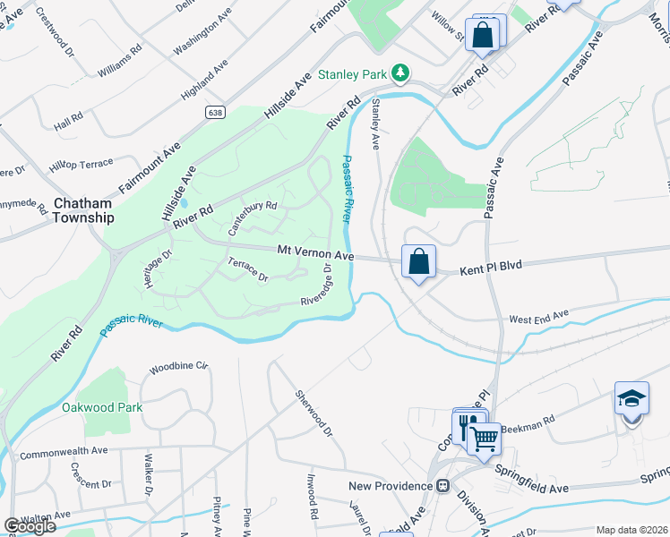 map of restaurants, bars, coffee shops, grocery stores, and more near 105 Riveredge Drive in Chatham Township