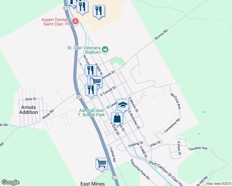 map of restaurants, bars, coffee shops, grocery stores, and more near Nichols Street in Schuylkill County