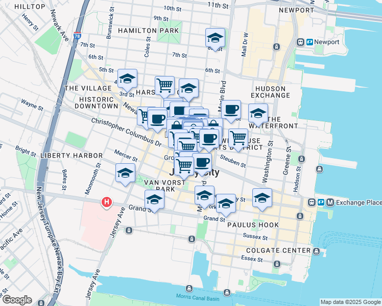map of restaurants, bars, coffee shops, grocery stores, and more near in Jersey City