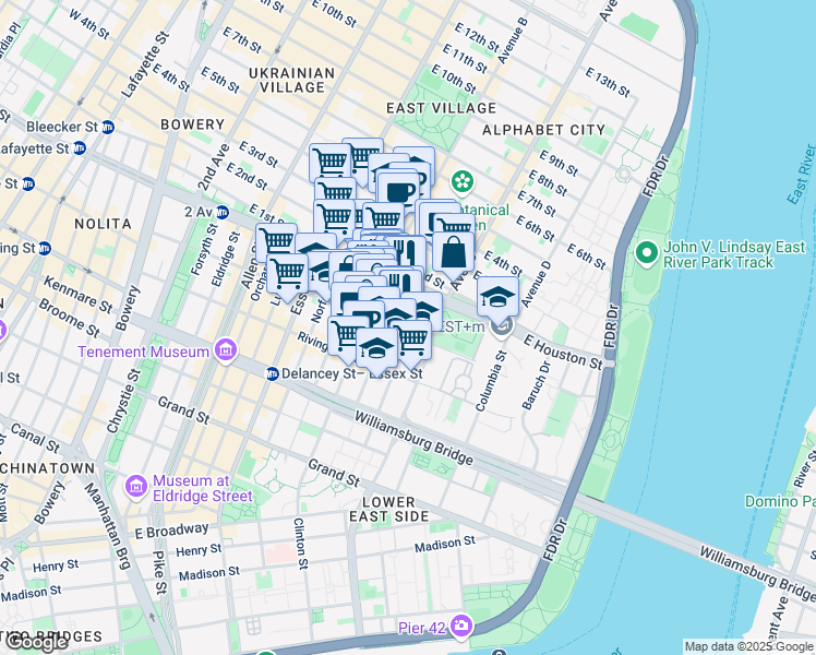 map of restaurants, bars, coffee shops, grocery stores, and more near 200 Stanton Street in New York