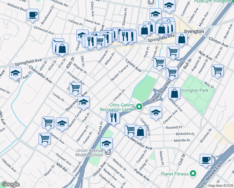 map of restaurants, bars, coffee shops, grocery stores, and more near 166 Park Place in Irvington