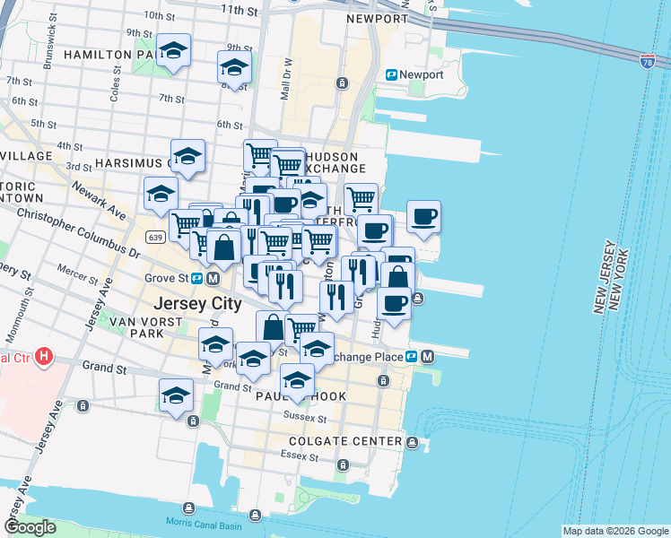 map of restaurants, bars, coffee shops, grocery stores, and more near 88 Morgan Street in Jersey City