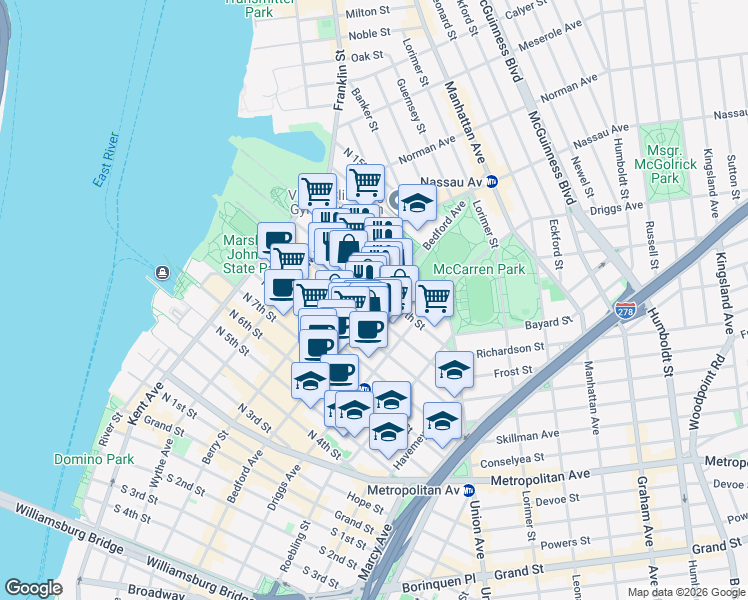 map of restaurants, bars, coffee shops, grocery stores, and more near 116 Bedford Avenue in Brooklyn
