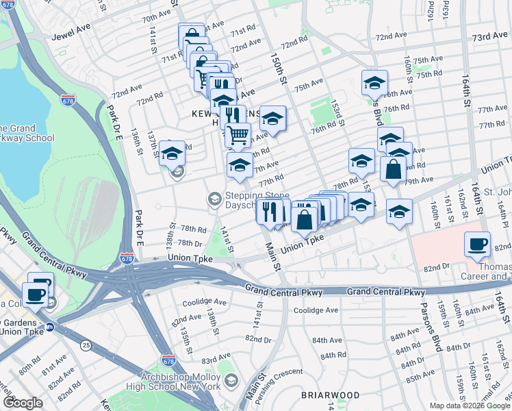map of restaurants, bars, coffee shops, grocery stores, and more near 144-11 78th Avenue in Queens