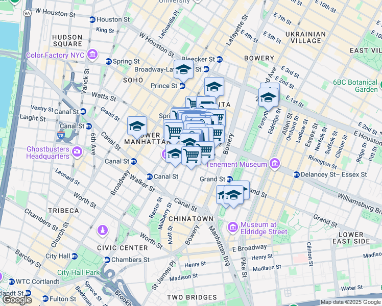 map of restaurants, bars, coffee shops, grocery stores, and more near 384 Broome Street in New York