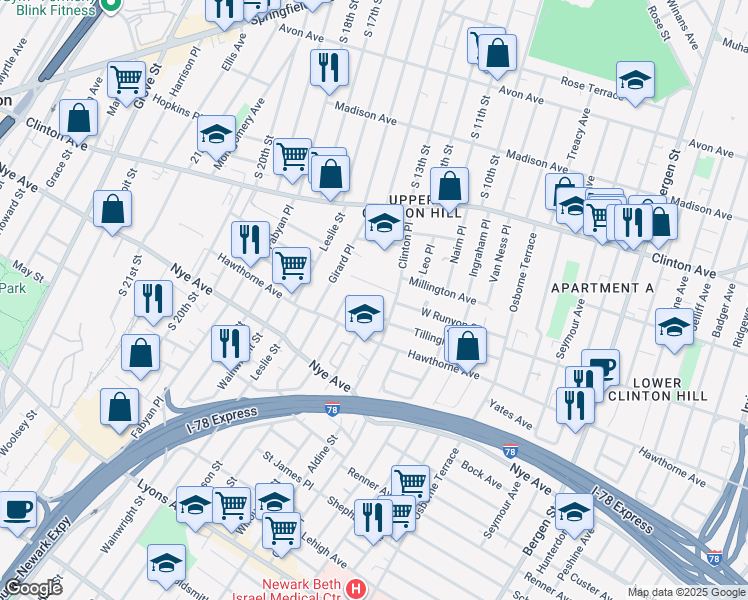 map of restaurants, bars, coffee shops, grocery stores, and more near 24 White Terrace in Newark