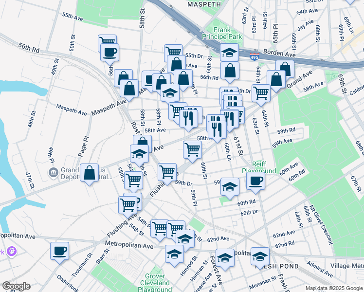 map of restaurants, bars, coffee shops, grocery stores, and more near 58-91 Grand Avenue in Queens