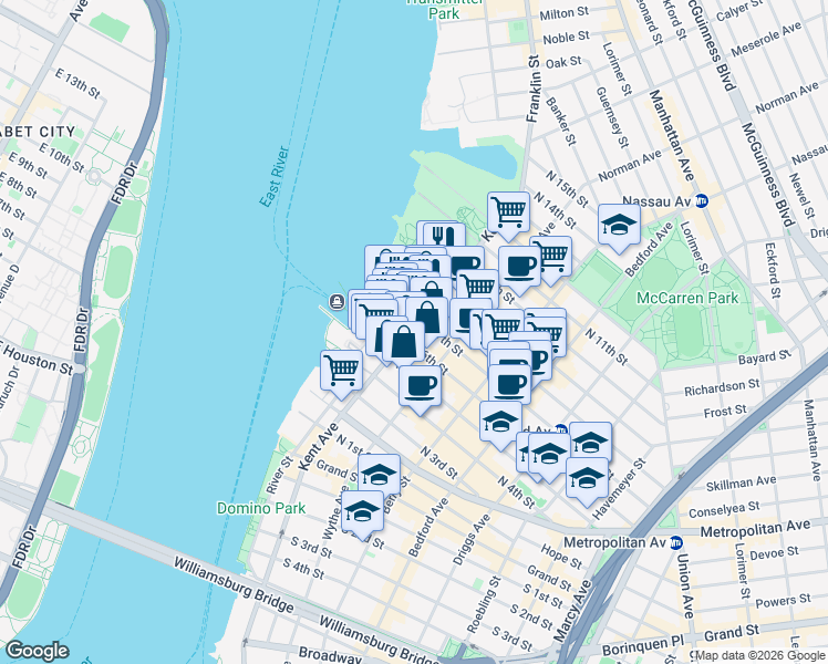 map of restaurants, bars, coffee shops, grocery stores, and more near 127 Kent Avenue in Brooklyn