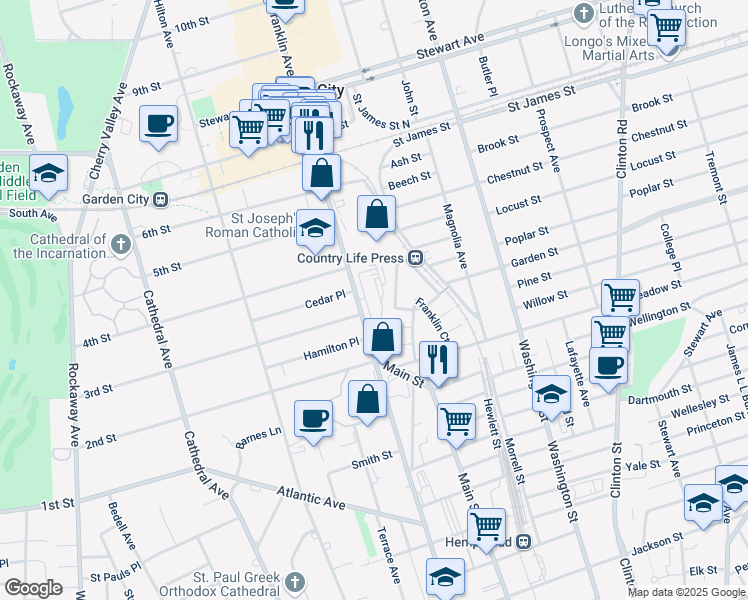 map of restaurants, bars, coffee shops, grocery stores, and more near in Garden City