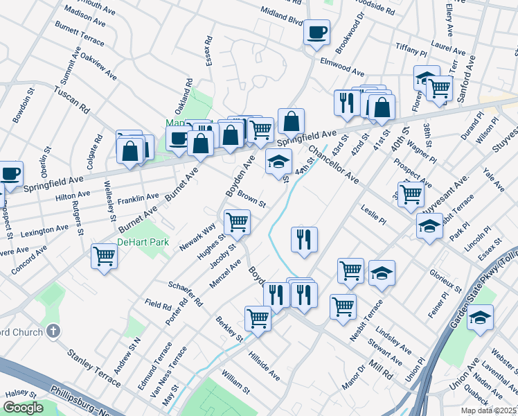 map of restaurants, bars, coffee shops, grocery stores, and more near 4 Henry Place in Maplewood