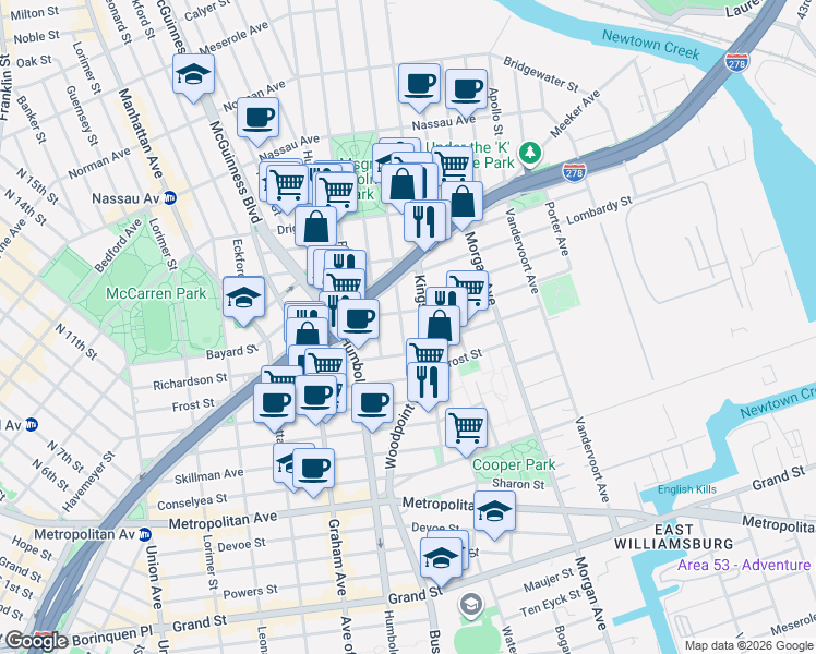 map of restaurants, bars, coffee shops, grocery stores, and more near 24 Monitor Street in Brooklyn