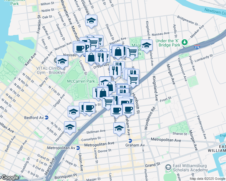 map of restaurants, bars, coffee shops, grocery stores, and more near 137 Bayard Street in Brooklyn