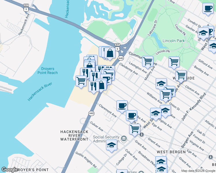 map of restaurants, bars, coffee shops, grocery stores, and more near 11 Bennett Street in Jersey City