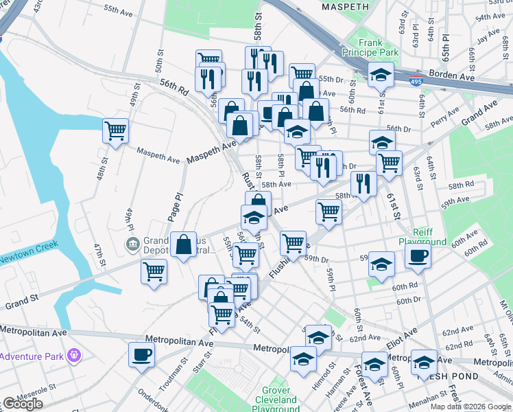 map of restaurants, bars, coffee shops, grocery stores, and more near 4841 Rust Street in Queens