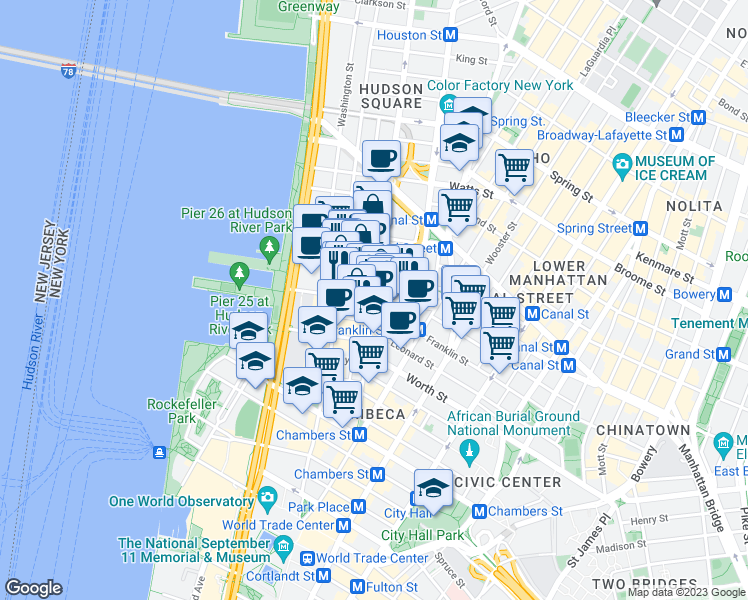 map of restaurants, bars, coffee shops, grocery stores, and more near Hudson Street & North Moore Street in New York