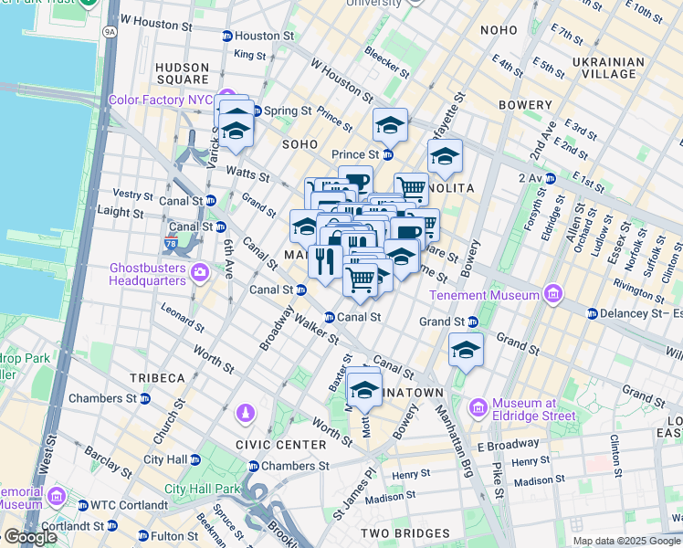 map of restaurants, bars, coffee shops, grocery stores, and more near 138 Grand Street in New York