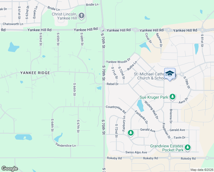 map of restaurants, bars, coffee shops, grocery stores, and more near 7020 Rebel Drive in Lincoln
