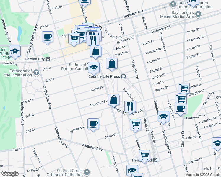 map of restaurants, bars, coffee shops, grocery stores, and more near 301 Franklin Avenue in Garden City
