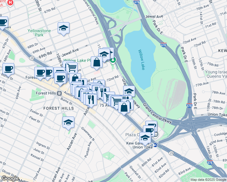 map of restaurants, bars, coffee shops, grocery stores, and more near 112-1 72nd Drive in Queens