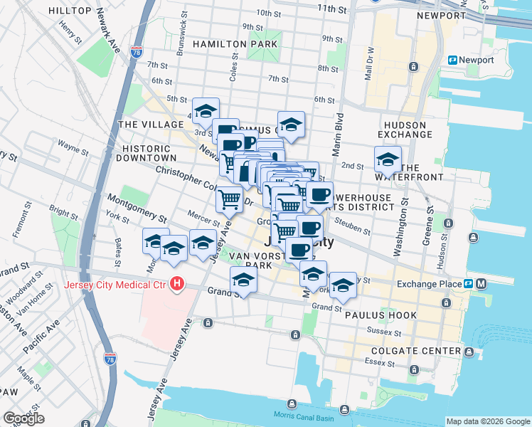 map of restaurants, bars, coffee shops, grocery stores, and more near in Jersey City