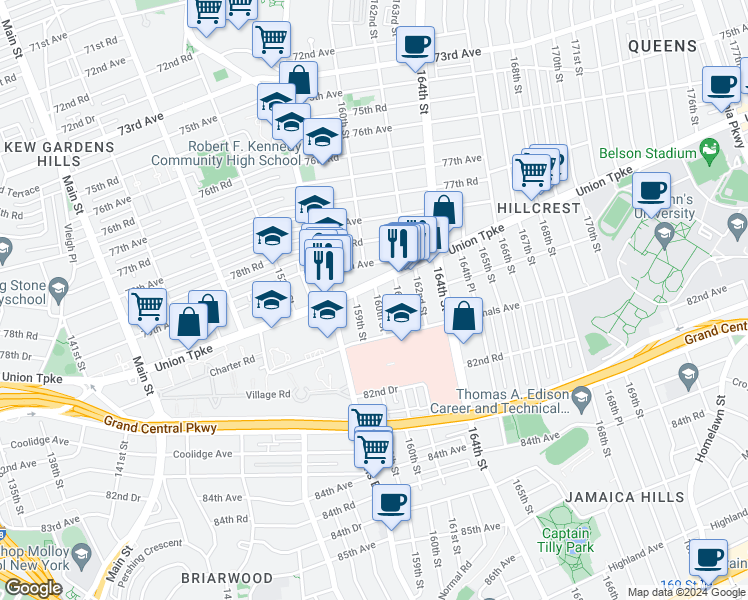 map of restaurants, bars, coffee shops, grocery stores, and more near 16 160th Street in Queens