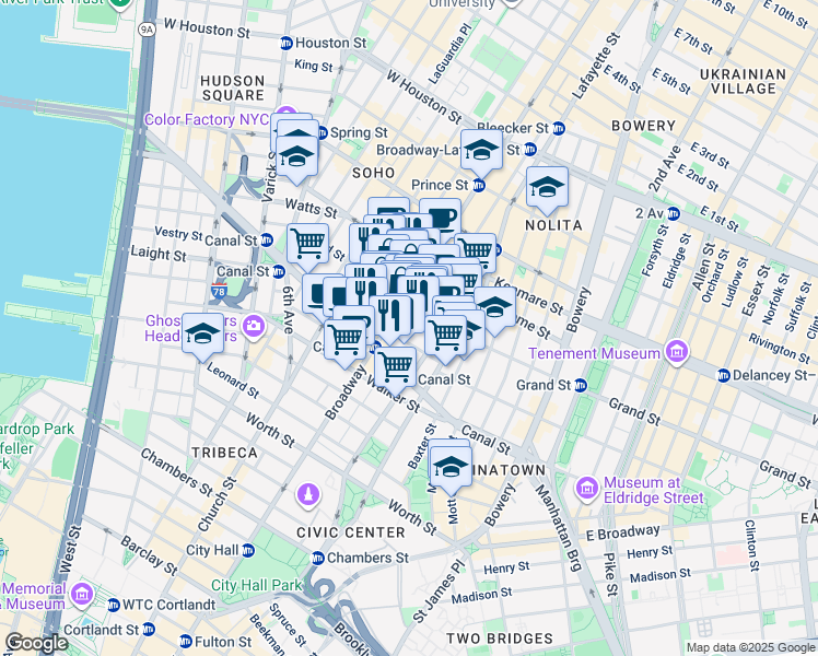 map of restaurants, bars, coffee shops, grocery stores, and more near in New York